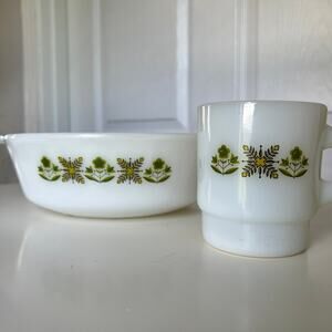 Fire King Green Meadow Milk Glass Casserole Dish and Matching Mug